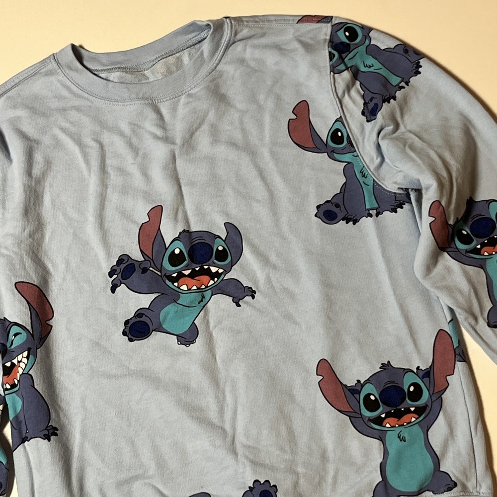 Disney Lilo & Stitch All Over Print Lightweight Sweatshirt Size S Blue Crewneck